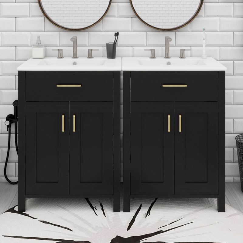 Meuble-lavabo moderne de 48 pouces avec lavabo en céramique, tiroir rabattable, tablettes de porte à double couche, Noir