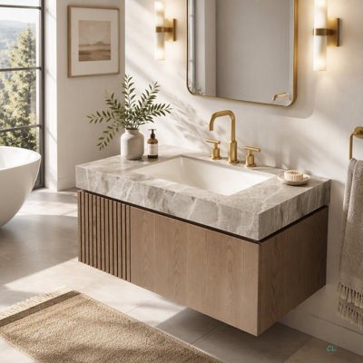 Meuble-lavabo 36 po, armoire de rangement en contreplaqué flottant avec tiroir et porte, comptoir en pierre frittée et lavabo en céramique avec 3 trous de robinet pré-percés, pré-assemblé