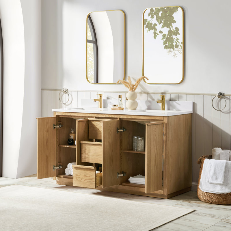Clairence 60 In. Double Sinks Freestanding Bath Vanity In Light Oak With Carrara Quartz Top
