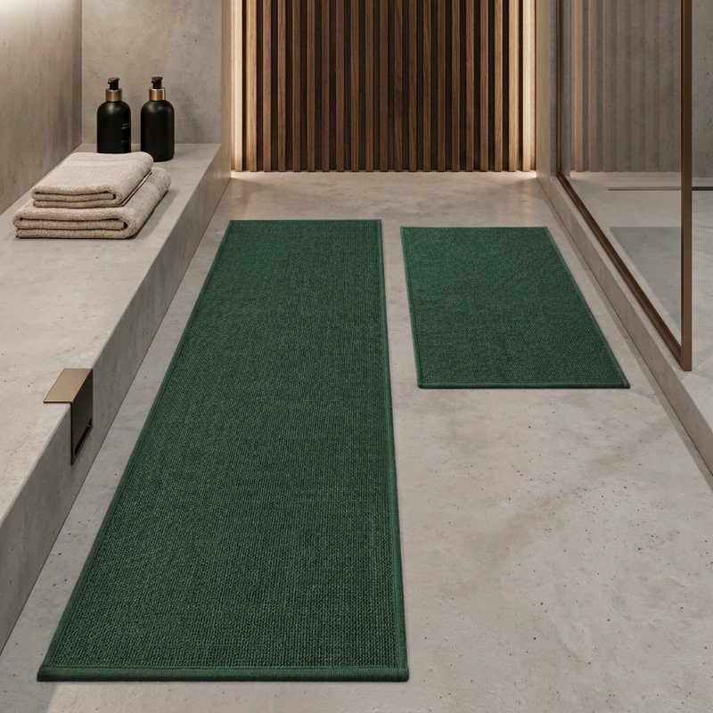 2 Piece Textured Linen-Look Bath Rug Set with Non-Slip Backing, Green