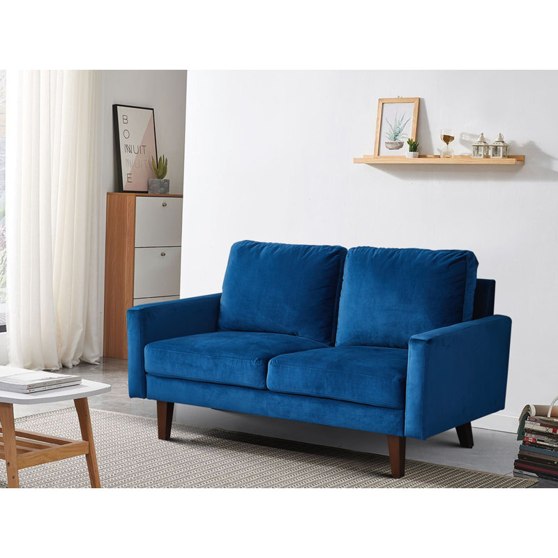 Causeuse à accoudoirs carrés, Velours bleu espace, H 35 po x l 60 po x P 33 po
