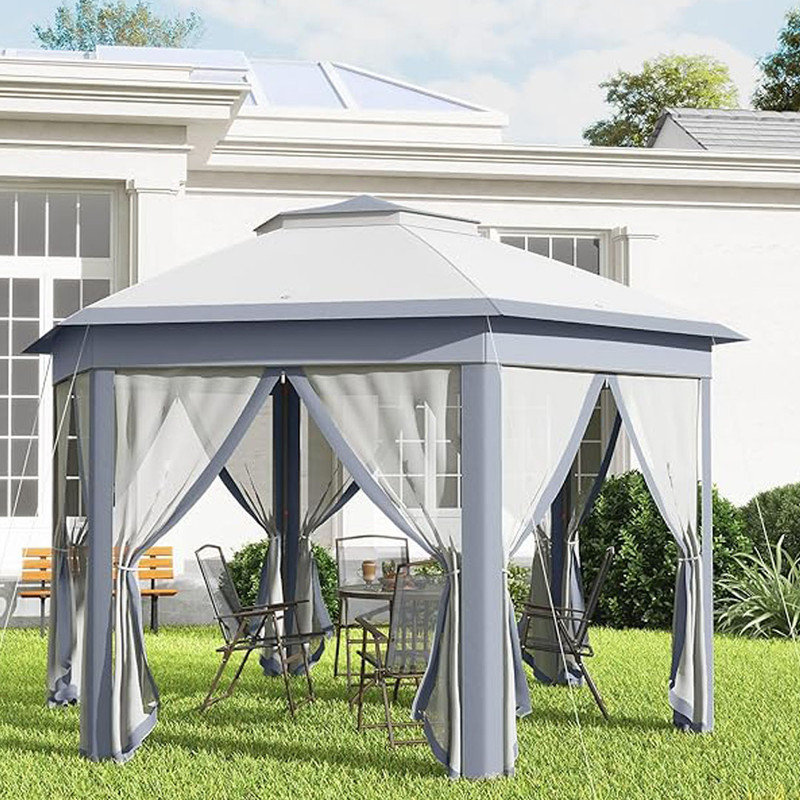 Hexagonal Gazebo Shelter with 6 Zippered Mesh Netting, for Patio Backyard Garden Wedding Party, Grey