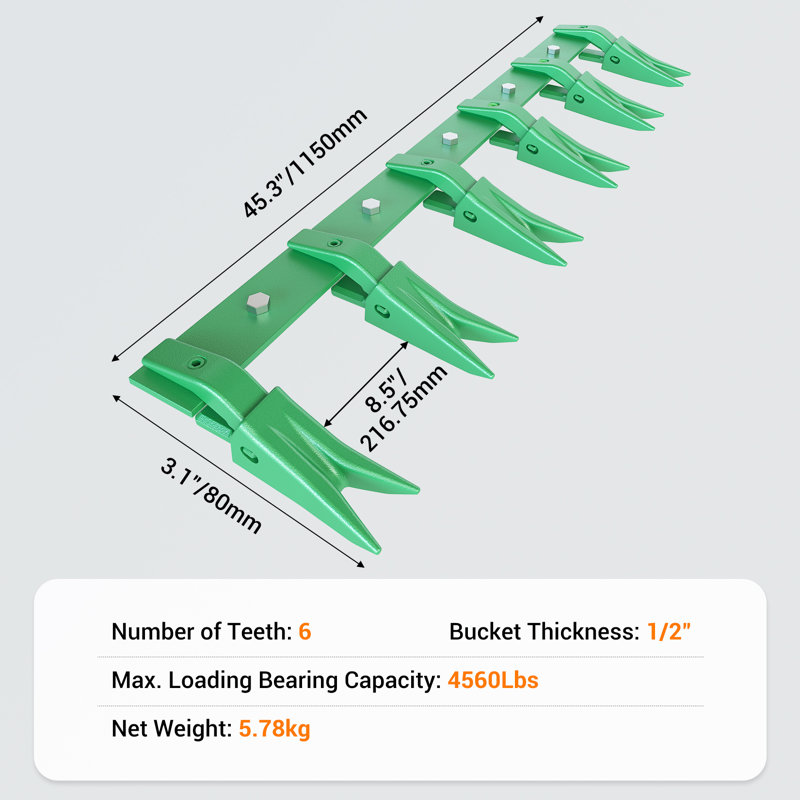 Barre à dents robuste pour seau - 46 pouces | 6 dents - boulonné, sans perçage - s'adapte aux bords de 1/2 po ou moins - vert