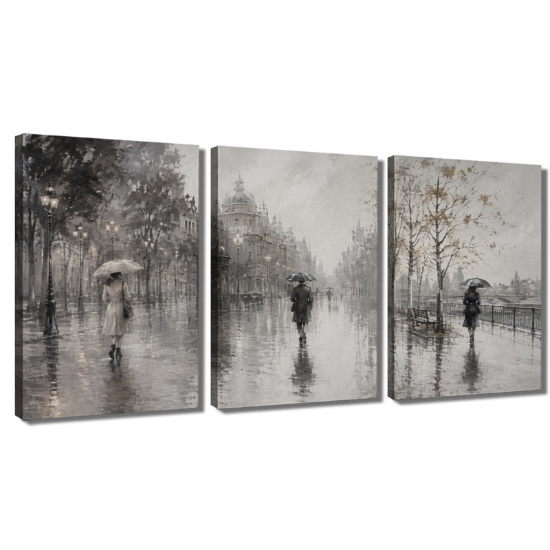 Tableau en trois panneaux « Rue pluvieuse parisienne vintage », impression sur toile tendue, 12 * 18 pouces * 3