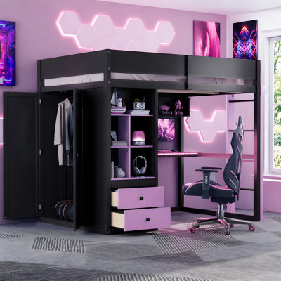 Lit mezzanine double avec bureau de rangement, bois de pin en MDF, salle de jeux moderne