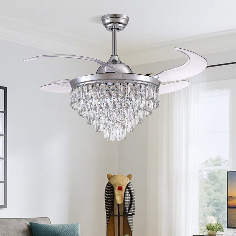 48'' Retractable Crystal Ceiling Fan With Led Lights & Remote Control, Chrome