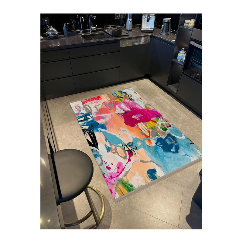 Tapis décoratif lavable à la machine à motif abstrait multicolore, Sous-tapis rectangulaire de 3 pi 3 po x 4 pi 11 po