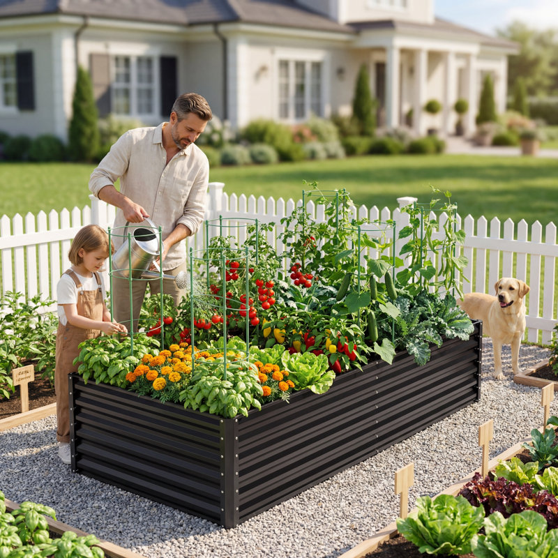 Lit de jardin surélevé galvanisé 8 x 4 x 2 pi avec cages à tomates
