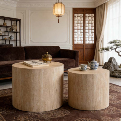2-Pieces Round Wooden Nesting Coffee Table