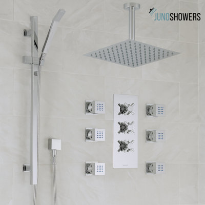 Système de douche thermostatique en acier inoxydable avec pomme de douche, jets de corps et douchette