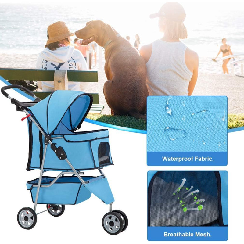Blue 3-Wheel Folding Pet Stroller for Dogs
