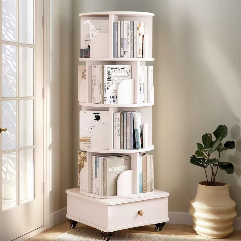 Bibliothèque rotative avec tiroir, (5 tablettes) H 57 po x l 18,11 po x P 18,11 po, Blanc