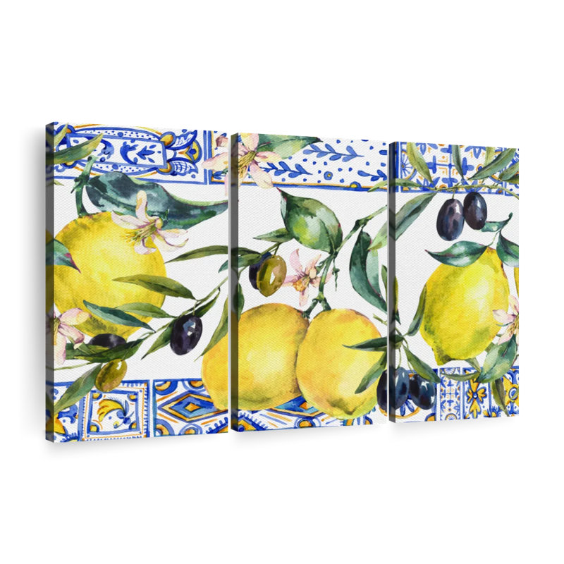 Ensemble de 3 citrons et olives sur toile, H 28 po x l 45 po x P 1,25 po