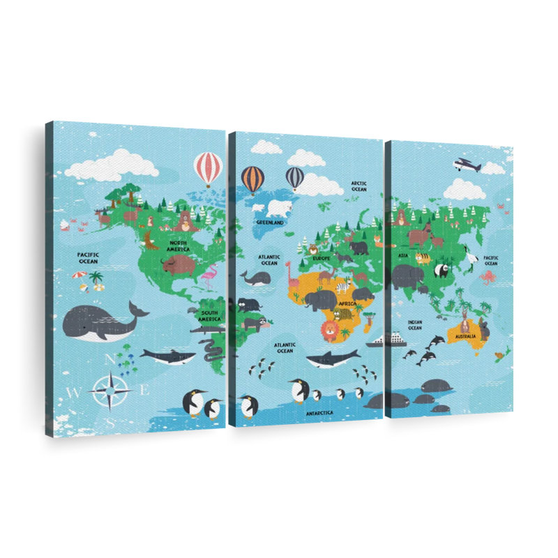 "Carte du monde pour enfants" sur toile, H 42 po x l 65 po x P 1,25 po