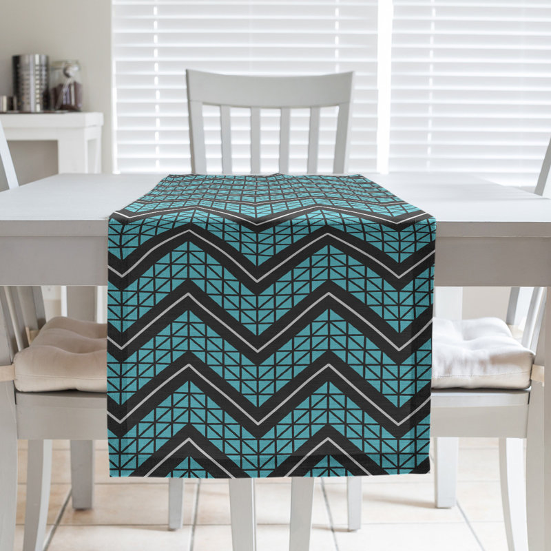 Stephenie Classic Hand Drawn Chevron Table Runner, 16" x 72", Zeal Teal/Black