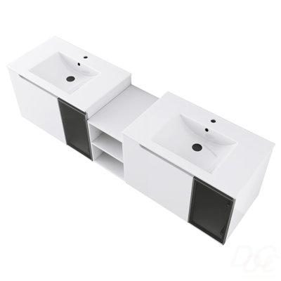 Meuble-lavabo mural 72 po avec lavabo en céramique, portes à fermeture en douceur, meuble-lavabo blanc brillant et demi-porte en verre gris, 1 petite tablette de rangement, armoire combinée, contreplaqué (emballage KD)
