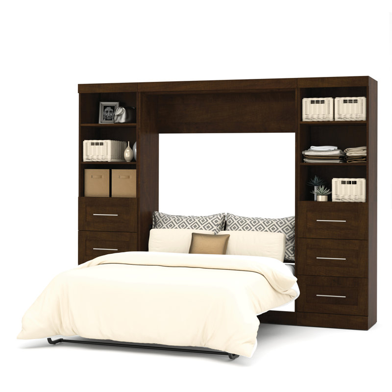 Arlex Storage Murphy Platform Space-Saving Wall Bed, 2 Shelving Units with Drawers, Full, Bark Gray