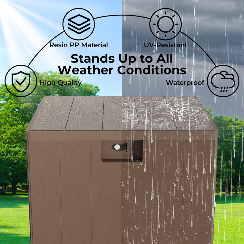 Coffre de terrasse de 28 gallons avec serrure, boîte de rangement imperméable en résine pour patio, outils de jardin, jouets de piscine, coussins et meubles