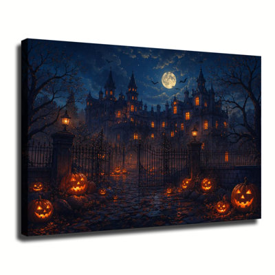 Citrouilles d'Halloween illuminées autour d'un grand manoir hanté sous la pleine lune - Toile murale d'Halloween