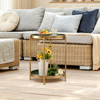 Table d'appoint en or à 2 niveaux, table de bout pliante ronde en métal avec deux plateaux amovibles, petite table de chevet pour les petits espaces de balcon de chambre à coucher, or avec accents vert foncé