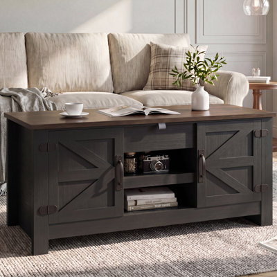 48" Farmhouse Lift Top Coffee Table with Storage, Coffee Table with Built-in Power Outlets for Living Room, Black
