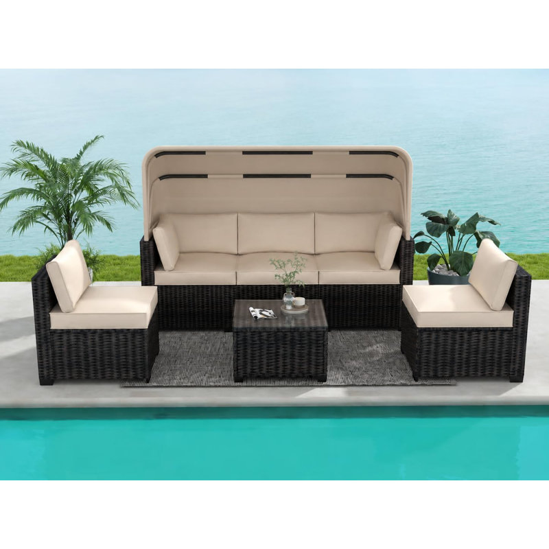 Ensemble de canapé de patio en osier avec auvent, canapé modulaire d'extérieur en rotin PE, Beige