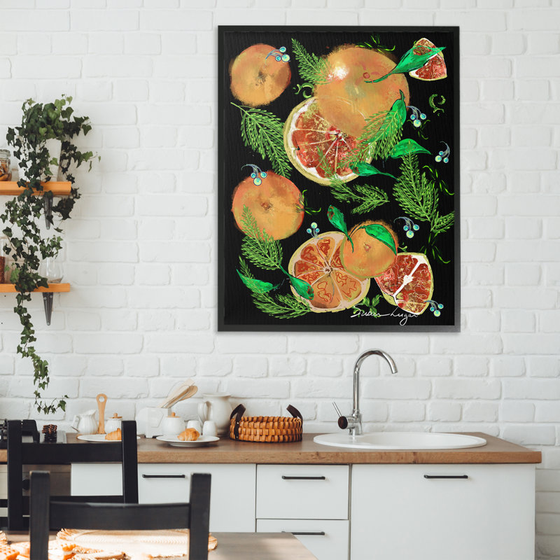 Pamplemousse et fougères Medley, estampe numérique, design par Susan Lugar, Giclée encadrée noir minuit, H 30 po x l 24 po
