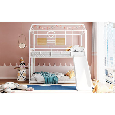 Lit superposé simple au-dessus d'un lit simple, lit de maison en métal avec glissade, trois couleurs disponibles. (Blanc avec glissoire blanche)