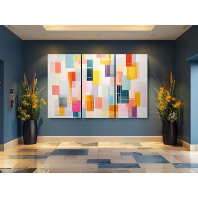 Reproduction de peinture sur toile Triptych: abstrait géométrique audacieux - palette de couleurs vibrantes, options roulées ou encadrées, décor de maison moderne