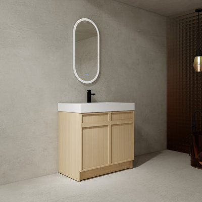 Meuble-lavabo avec lavabo et portes en résine blanche. Design moderne, lavabo autoportant en contreplaqué. Esthétique,