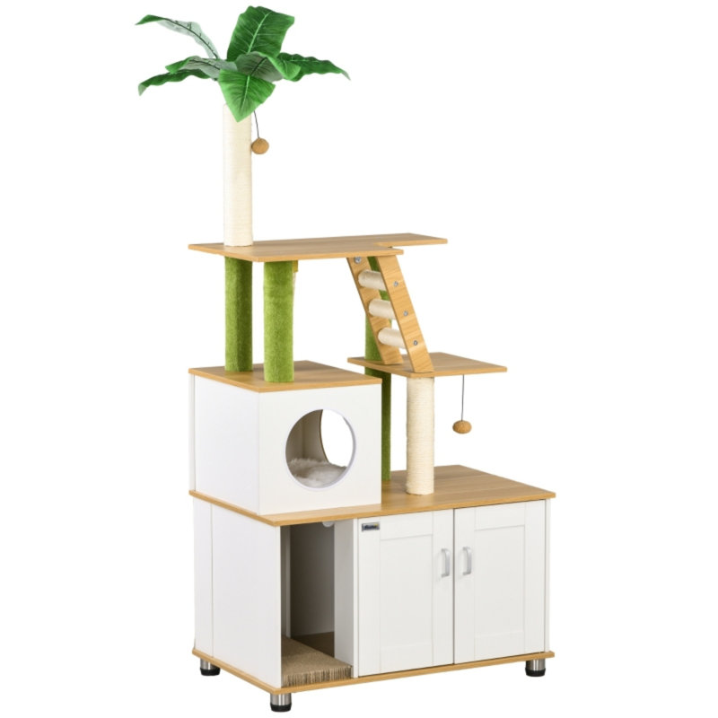 2‑in‑1 Hidden Cat Litter Box Enclosure Cat Tree with House, Ladder & Scratching Posts, Oak