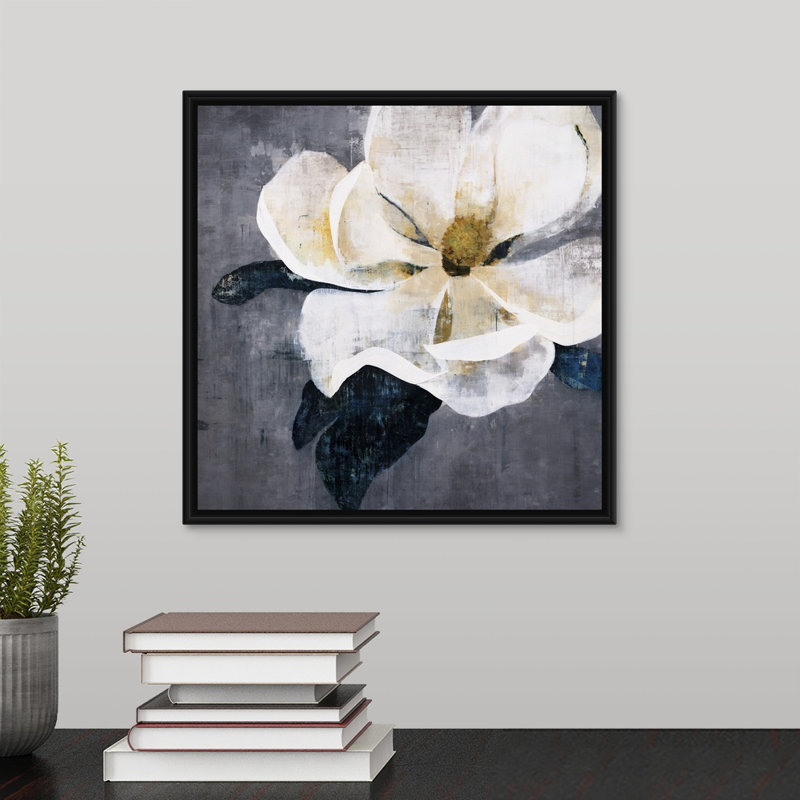 « patined magnolia », peinture sur toile, Cadre flottant noir, H 13,7 po x l 13,7 po x p 1,75 po