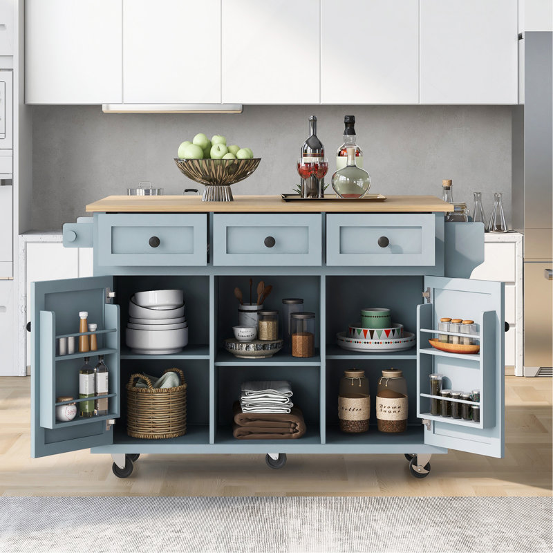 Kitchen Cart With Rubber Wood Drop-Leaf Countertop ,Cabinet Door Internal Storage Racks,Kitchen Island On 5 Wheels With Storage Cabinet And 3 Drawers For Dinning Room