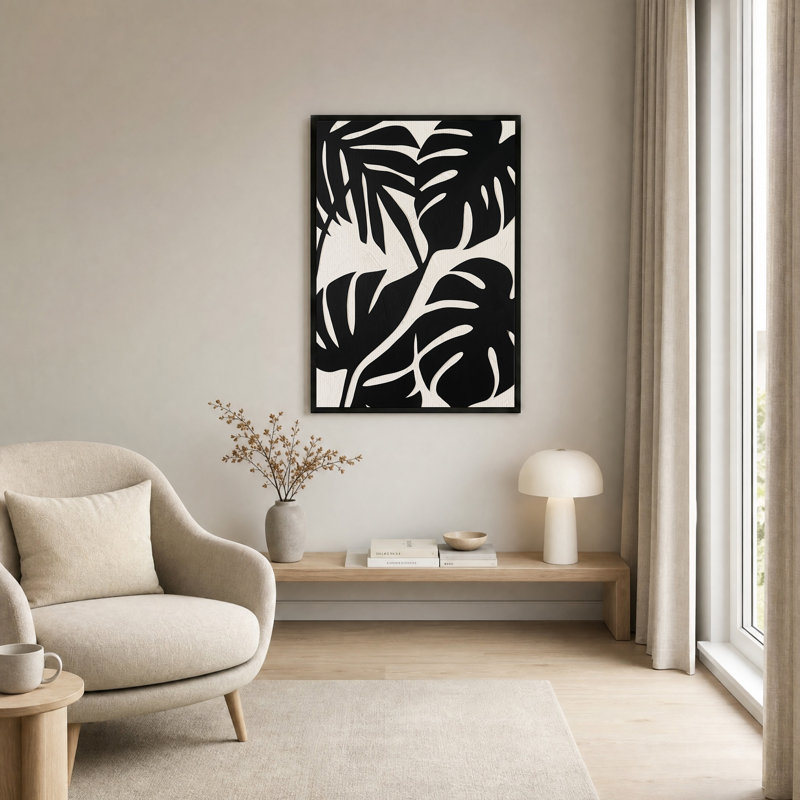 Tableau sur toile à motif de feuilles tropicales noires et crème, H 18 po x l 12 po