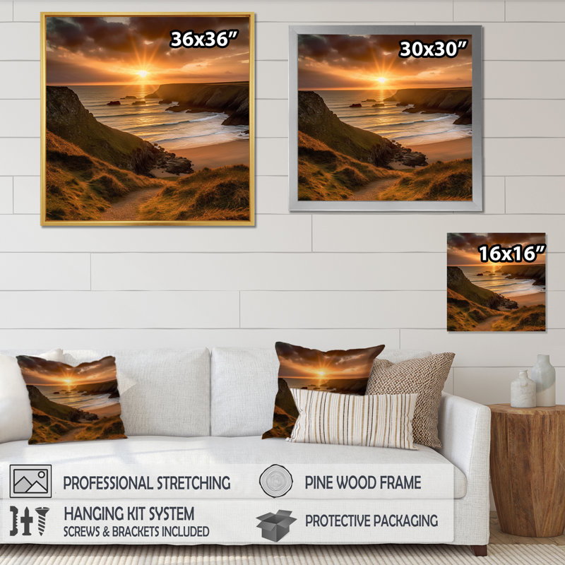 Sandy Sunset II - salon d'art mural bord de mer, H 16 po x l 16 po x P 1 po, Cadre flottant brun