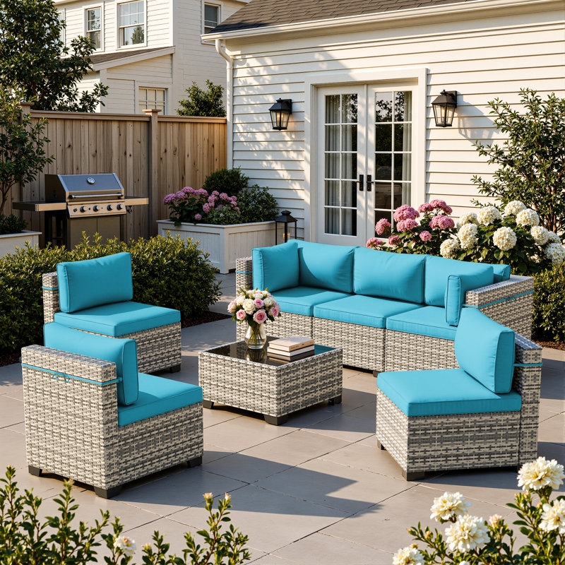 7-Piece Outdoor Sectional Sofa Set With HDPE Wicker, Cushions & Coffee Table, Modular Patio Conversation Set, Turquoise Blue