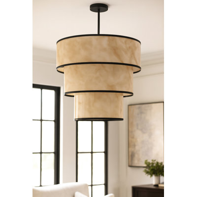 Rutland 9 Light Tiered Pendant - Matte Black - Faux Alabaster Shade