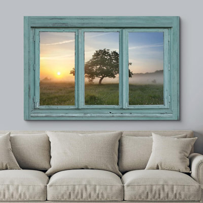 «Window View Of Meadow Tree In Mist Nature Images Rustic Landscape Vibrant» sur toile