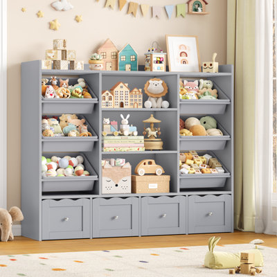 🧸 55"W x 48"H Multi-Functional Kids Organizer: 4-Drawer Toy Storage & Bookshelf with 6 Removable Bins