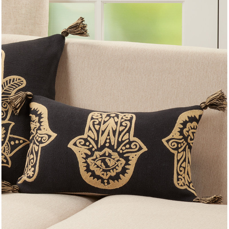 Black and Gold Hamsa Hand Embroidered Lumbar Pillow