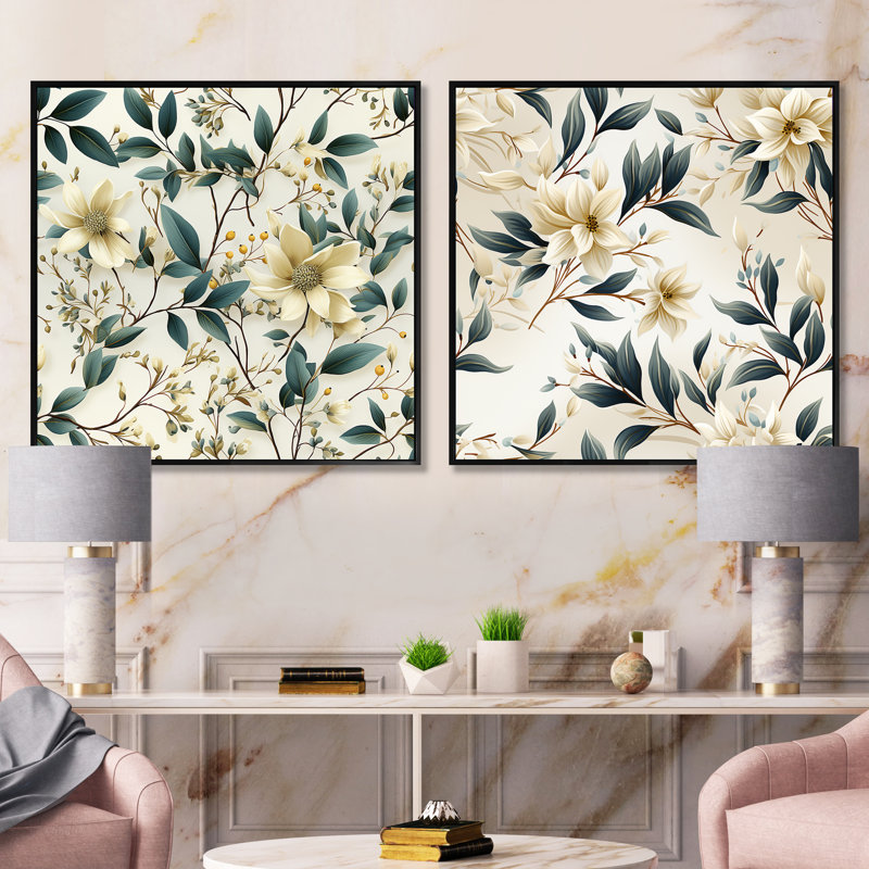 Sturminster - Ensemble de 2 collages carrés floral et botanique, Cadre flottant noir, H 16 po x l 33 po