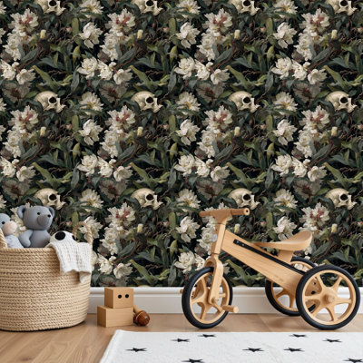 Papier peint adhésif peler et coller en PVC, revêtement mural auto-adhésif amovible avec impression de gravure botanique de crâne romantique foncé, imperméable pour la décoration intérieure - rouleau