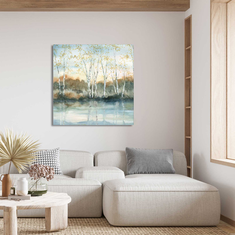 Birch Riverbank par Carol Robinson - Peinture, L 18 po x H 18 po, Toile tendue
