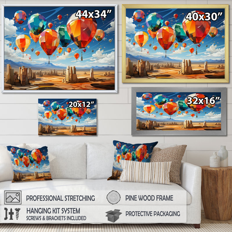 Ballon à air chaud coloré cubiste II - impression, Cadre simple noir, H 16 po x l 32 po x P 1 po