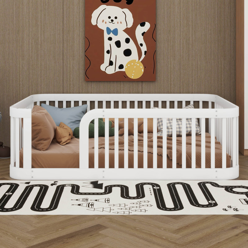 Full Size Montessori Floor Bed Frame With Fence, No-Slat Design For Creative Play, DIY Space, Solid Wood Safety Guardrail