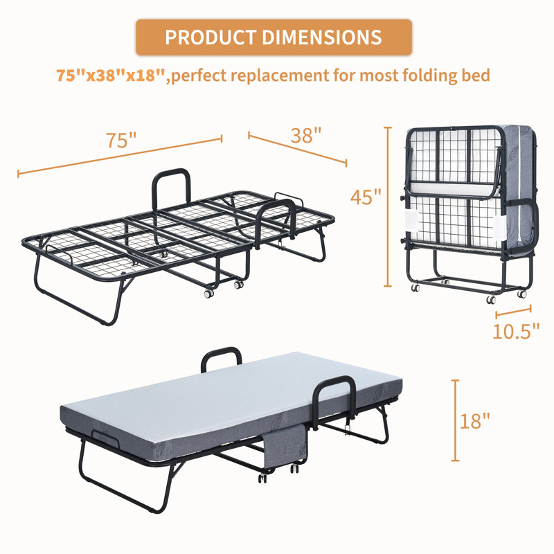 Polar Aurora Folding Bed,75" x 38" Twin Size,W/ Sturdy Metal Bed Frame & 5-inch Thick Luxurious Mattress,Rollaway Guest Bed for Adult ,Portable Side Bag & 360 Degree Universal Wheel