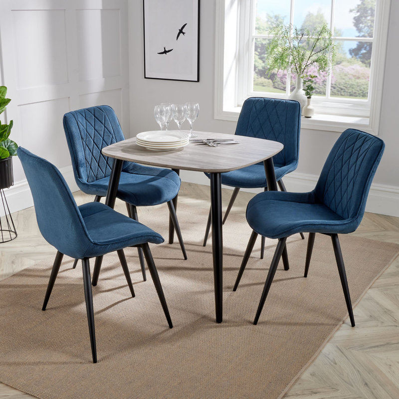 Aspen 5-Piece Casual Dining Set - Square Dining Table & Four Upholstered Diamond Fabric Chairs, Grey Oak, Blue