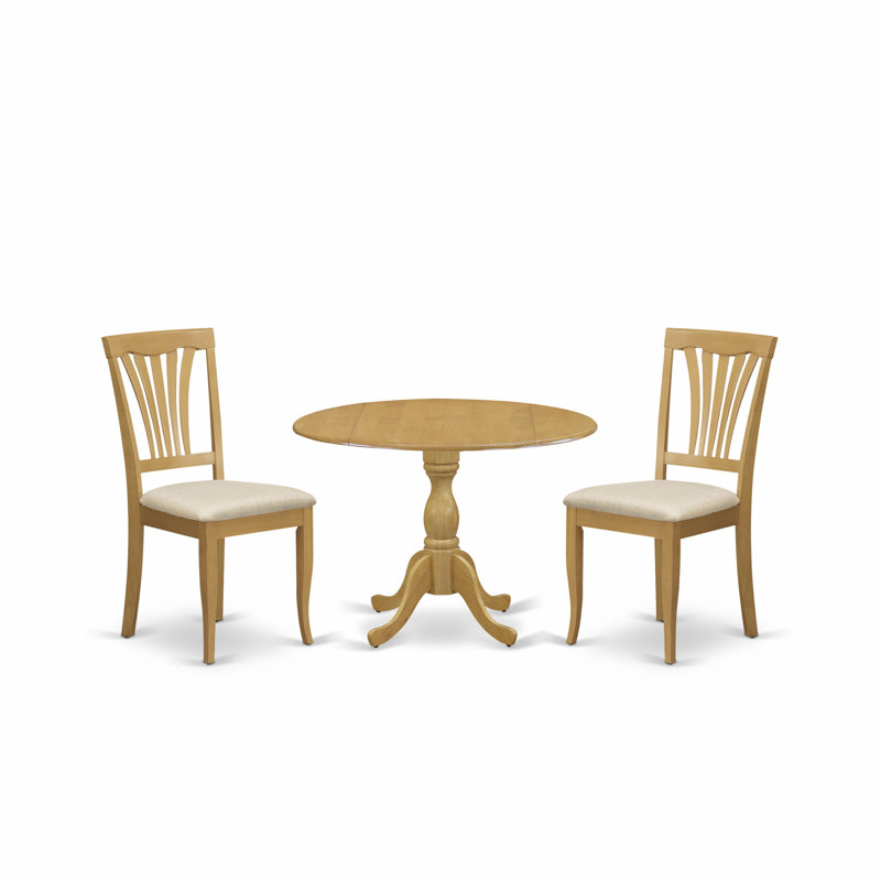 3 Piece Dining Table Set Contains a Round Dining Table with Dropleaf and 2 Linen Fabric Chairs, Oak, 3 Pieces