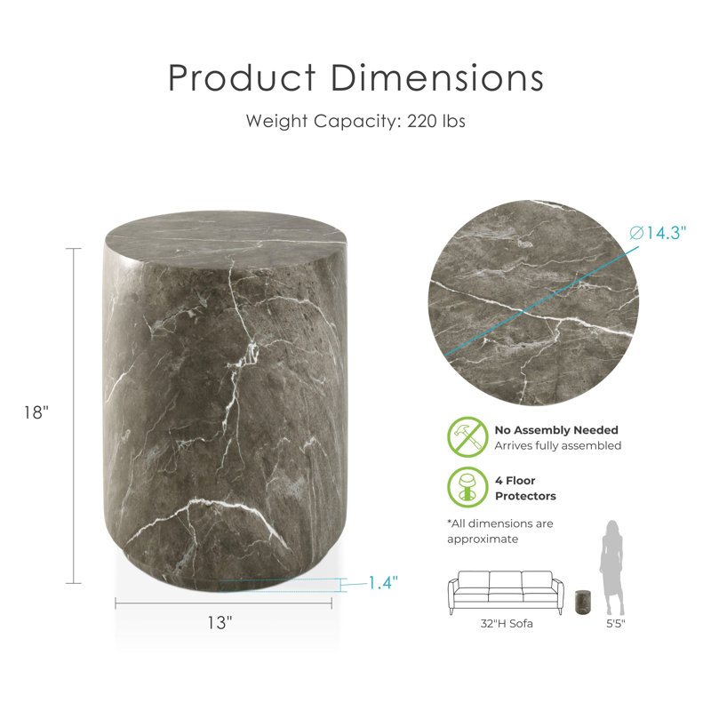 Fulcher Natural Stone 14" W End Table with Drum Base, Brown Gray Marble