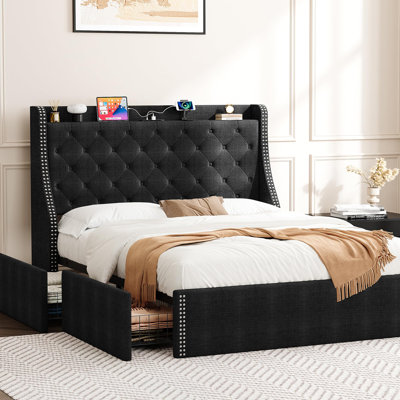 Set of 2 Space-Saving Upholstered Bed Frame with 4 Storage Drawers and Wingback Headboard – Built-in USB & Type-C Charging, Sturdy Wood Slats, No Box Spring Needed – Full Size, Black